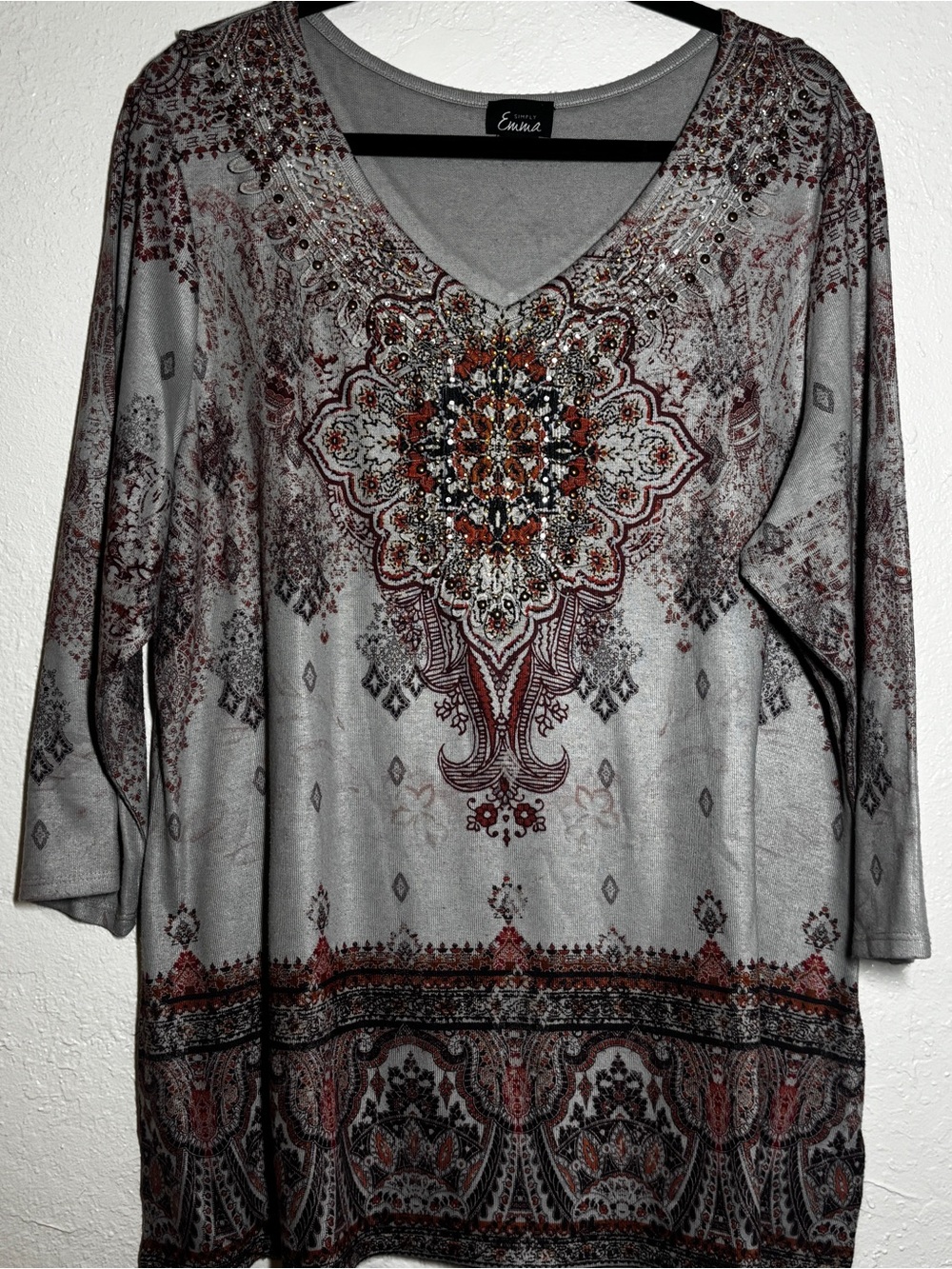 Simply Emma Gray Paisley V-Neck Tunic with Rust Accents